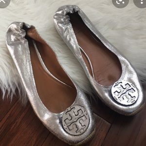 TORY BURCH Silver Espadrille Flats